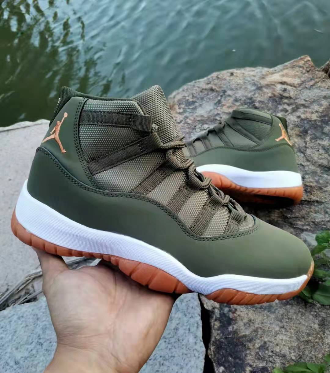 2022 Air Jordan 11 Olive Green Gold Brown Shoes - Click Image to Close